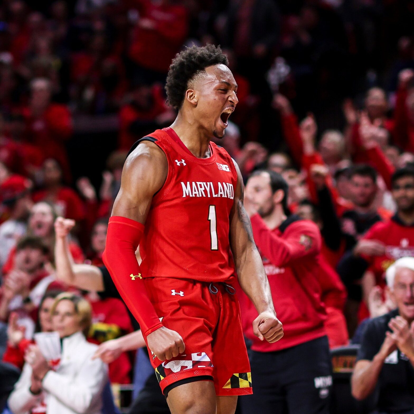 Jahmir Young shows excitement during the Maryland basketball game vs Penn State