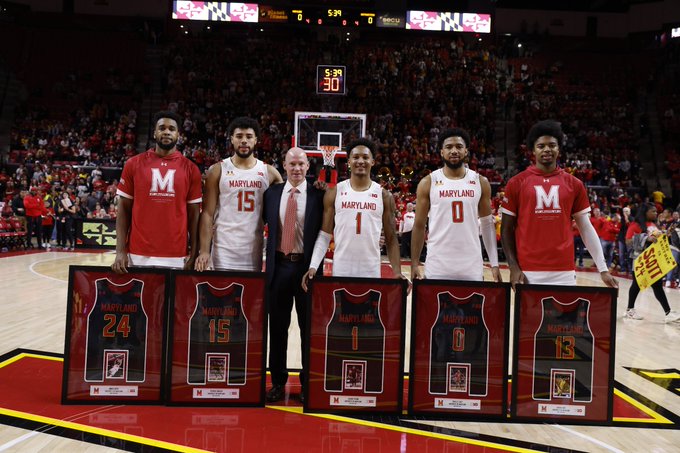 Maryland basketball seniors are celebrated before their game against the No. 21 Northwestern Wildcats