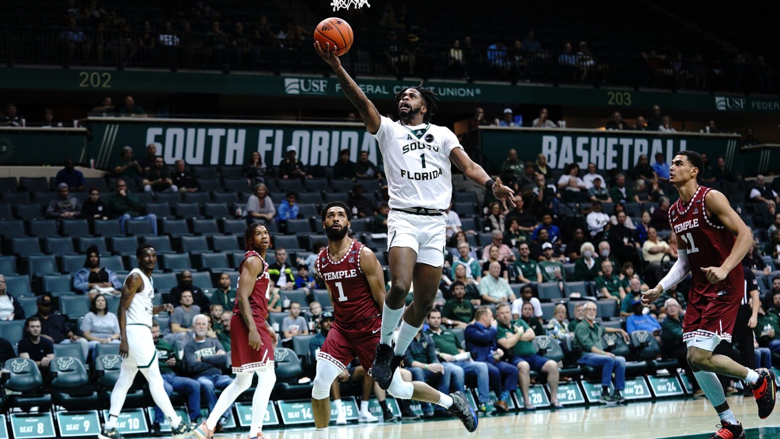South Florida Bulls Selton Miguel during a men's basketball game against the Temple University Owls on January 4, 2023. (Stephen Galvin/South Florida Athletics)